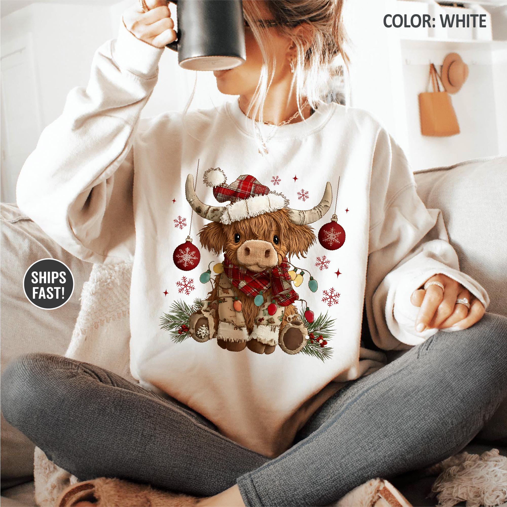 Christmas Cow Sweatshirt, Trendy Cute Highland Cow TShirt, Women Cow Lover Gift, Farmer Christmas Gift, Cow Xmas Holiday Tee