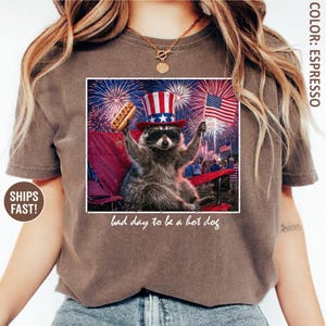 Puede incluir: Camiseta color espresso con un gr&aacute;fico de un mapache con gafas de sol y un sombrero patri&oacute;tico, sosteniendo un perrito caliente y una bandera estadounidense. La imagen incluye fuegos artificiales y el texto "bad day to be a hot dog."