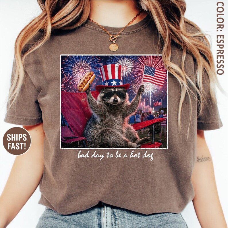 Puede incluir: Camiseta color espresso con un gr&aacute;fico de un mapache con gafas de sol y un sombrero patri&oacute;tico, sosteniendo un perrito caliente y una bandera estadounidense. La imagen incluye fuegos artificiales y el texto "bad day to be a hot dog."