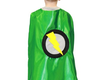 Kids Super Hero Cape Green with lightning bolt, Super Hero Party Favor, Custom Super Hero Cape