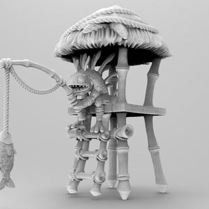 以下が含まれることがあります： 竹の小屋から釣りをする生き物の、遊び心のあるグレースケール彫刻。 大きな笑顔の生き物は、茅葺き屋根の竹の構造の上にいます。 釣りシーンを完成させるロープから魚がぶら下がっています。