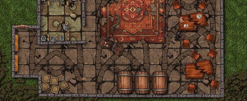 May include: Overhead view of a detailed fantasy map, depicting a dungeon or tavern interior. The map features stone floors, wooden barrels, crates, and tables. A tattered rug and scattered chairs add to the scene's atmosphere. The map is designed for tabletop role-playing games.