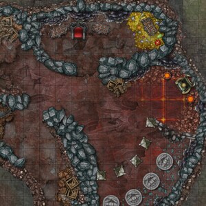 May include: A detailed, top-down view of a fantasy map, featuring a cavernous environment with rocky formations, a red-hued floor, and various elements like treasure, a throne room, and geometric shapes. The map is designed for tabletop gaming.