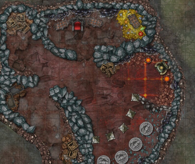 May include: A detailed, top-down view of a fantasy map, featuring a cavernous environment with rocky formations, a red-hued floor, and various elements like treasure, a throne room, and geometric shapes. The map is designed for tabletop gaming.