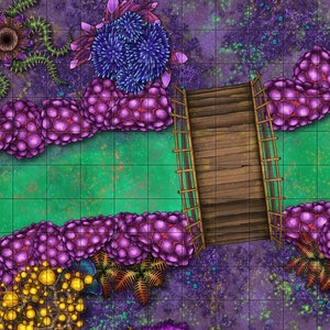 May include: A fantasy map featuring a wooden bridge over a green river, surrounded by purple, blue, and yellow coral-like formations. The map has a grid overlay, suggesting it's designed for tabletop role-playing games.
