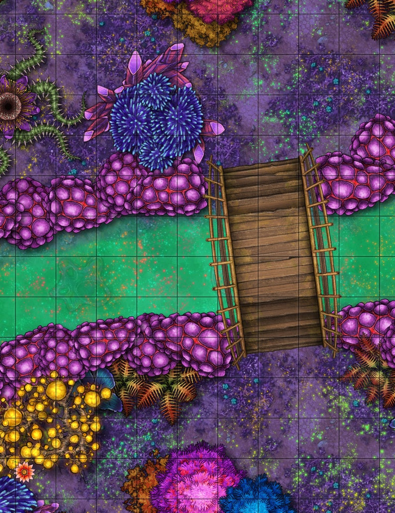 May include: A fantasy map featuring a wooden bridge over a green river, surrounded by purple, blue, and yellow coral-like formations. The map has a grid overlay, suggesting it's designed for tabletop role-playing games.