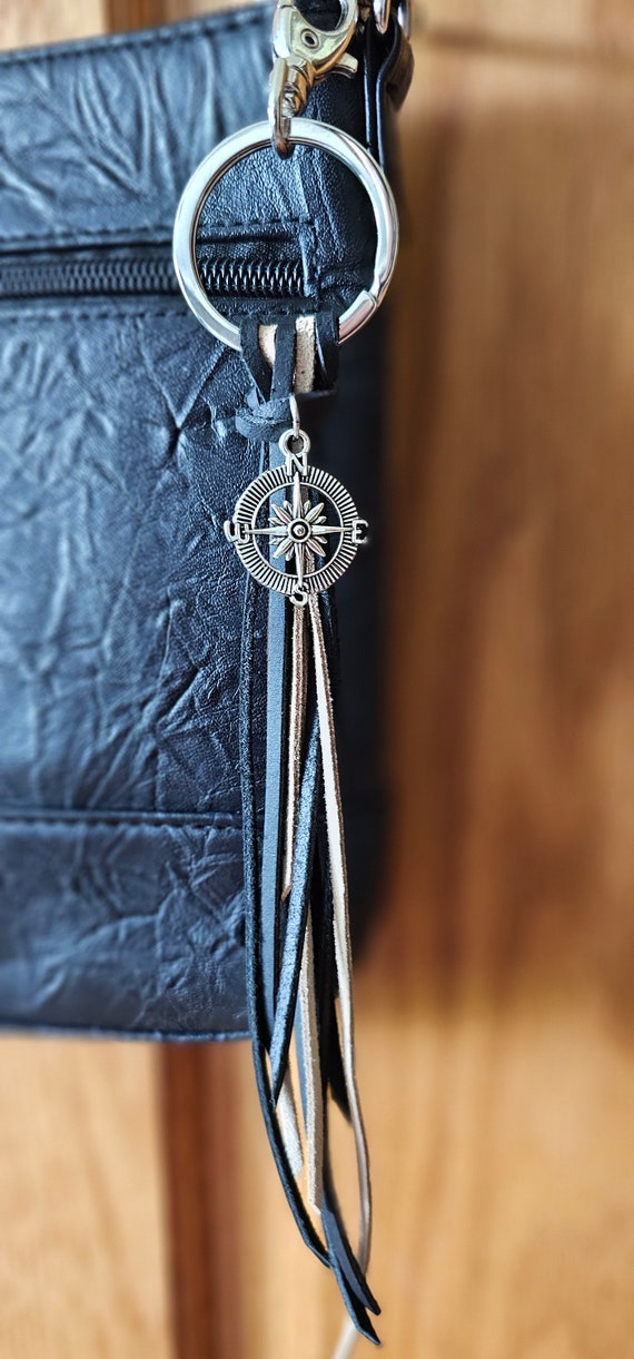 Leather and suede compass keychain