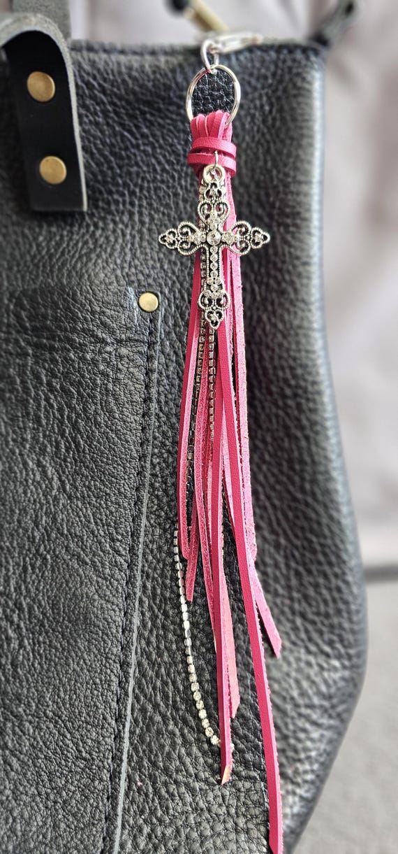 Pink leather keychain/bag charm with silver cross with diamond gem details