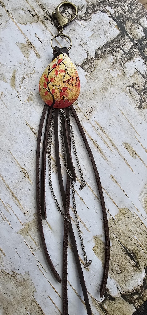 Leather keychain with fall leaf pendant and brass colored chain