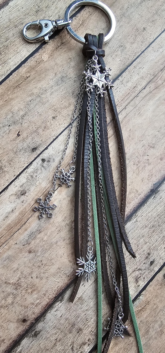 Genuine leather brown and green keychain/ bag charm with snowflake charms