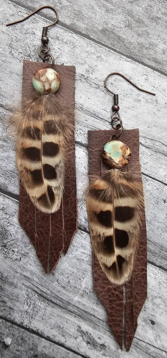 Natural leather and pheasant feather earrings with brown and turquoise beading