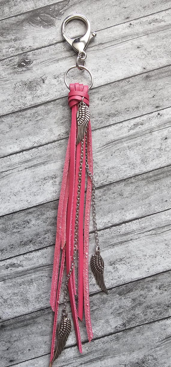 Pink leather keychain/bag charm with silver angel wings