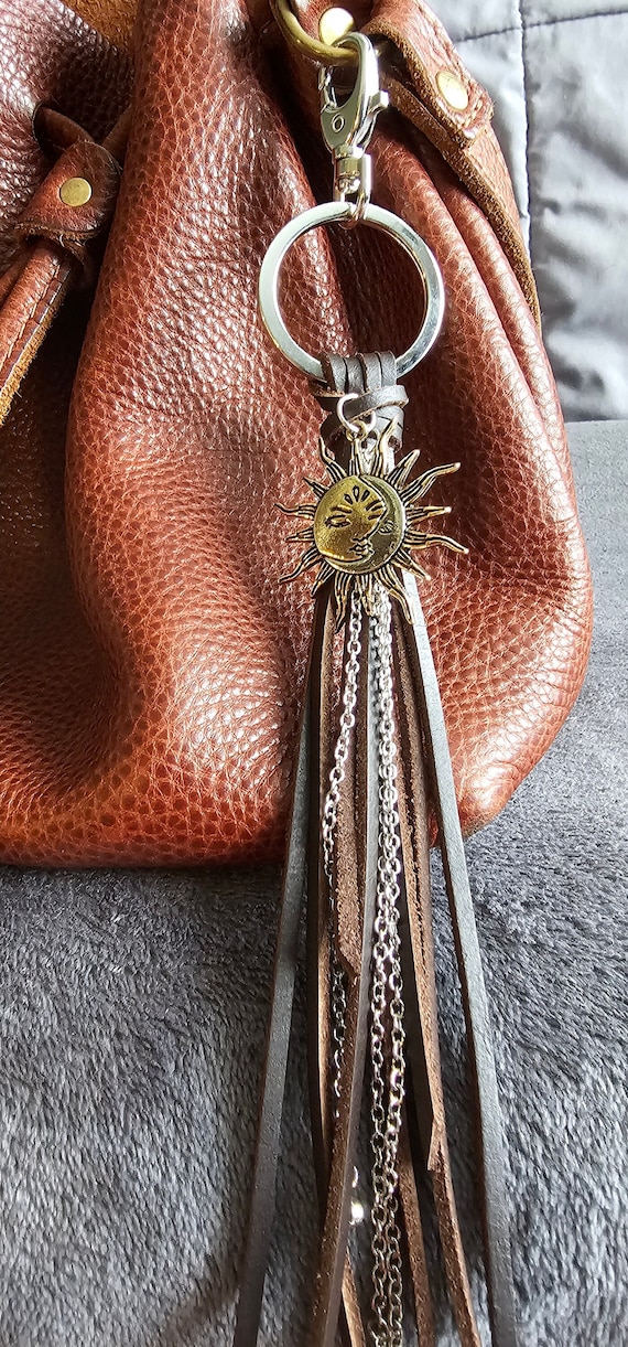 Sun and Moon brown genuine leather keychain