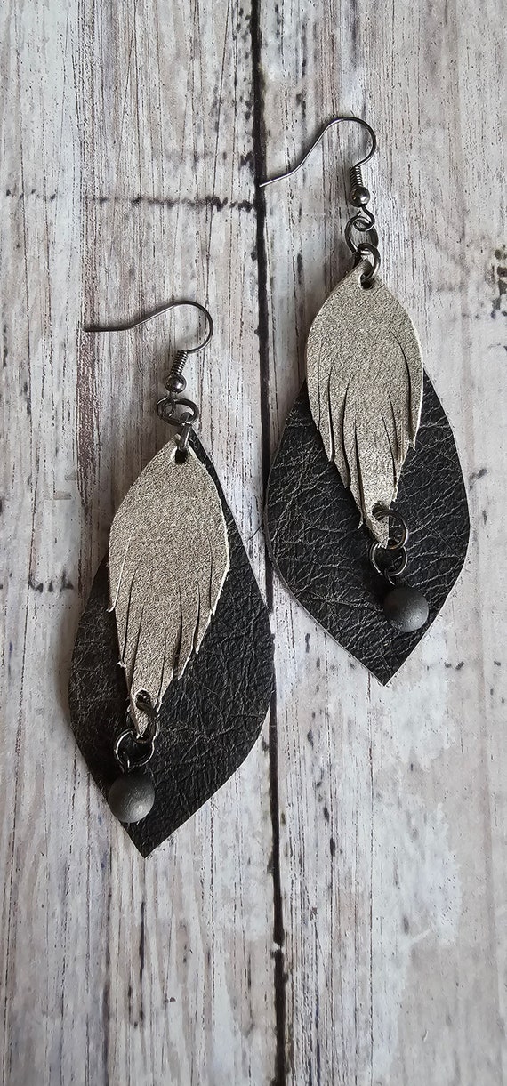Double layered leather earrings with hanging bead detail