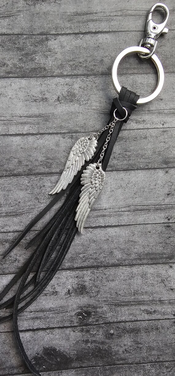Black genuine leather keychain with silver angel wings