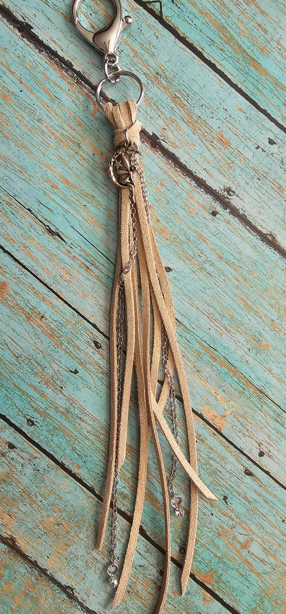 Light suede keychain/bag charm with silver fairy and moon charm
