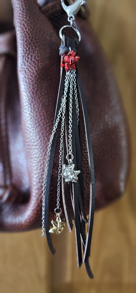 Genuine brown leather keychain/bag charm with metal holiday bow charms