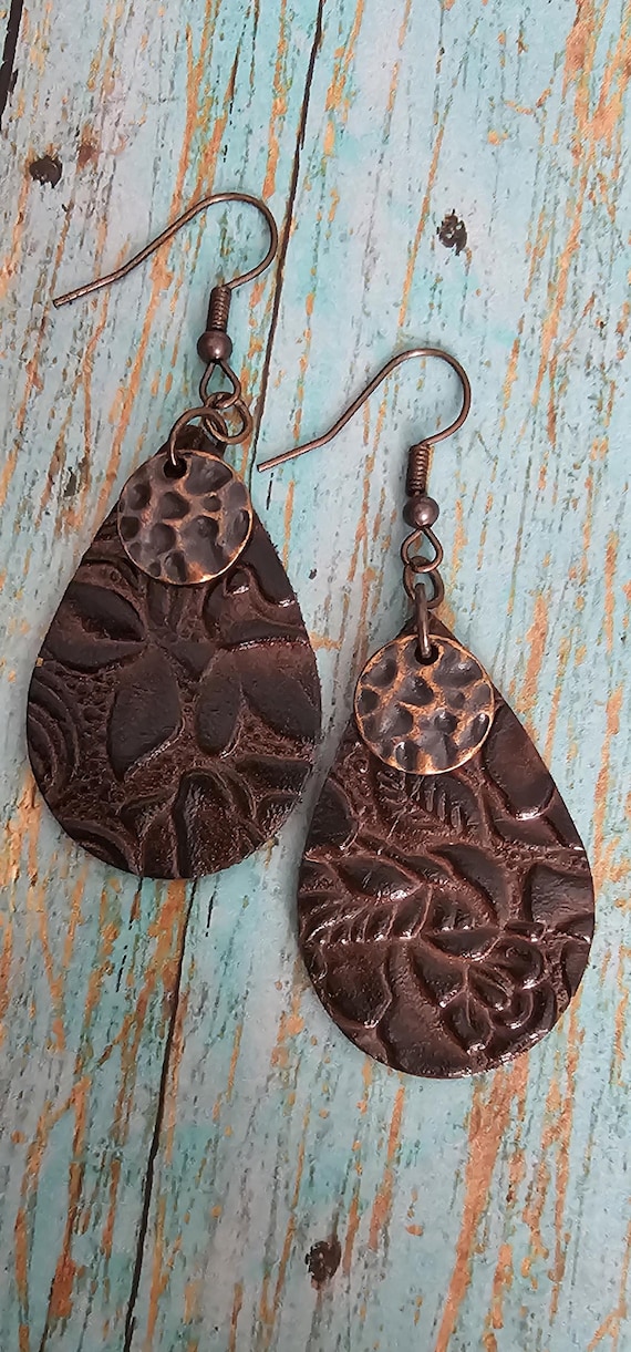 Genuine stamped leather earrings