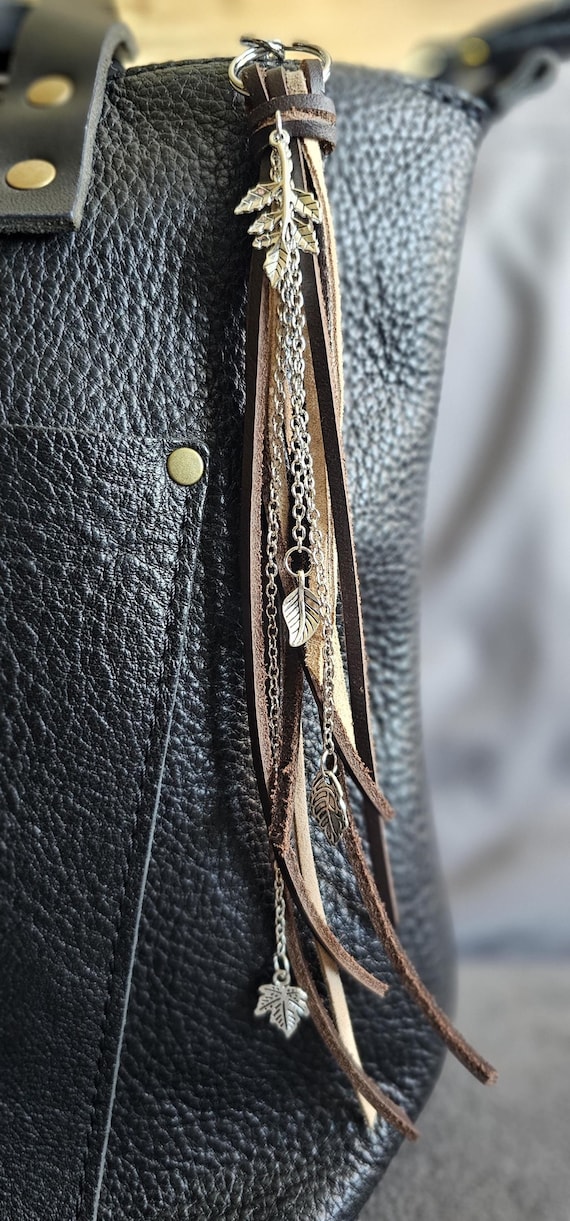 Mixed leather keychain/bag charm with silver leaf variety charms