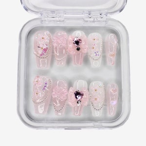 French Tip Press on Nails, Coquette Nails with Bows and Hearts Charm, Cute Pink Nails, Pink French Nails, Medium Coffin Nails, Wedding Nails