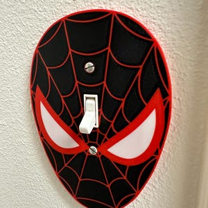 May include: An oval light switch cover plate featuring a black and red spiderweb pattern with two white eye-shaped cutouts. The plate is secured with two silver screws and includes a white toggle switch protruding from the center of the design.