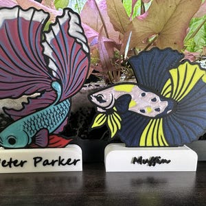 May include: Two decorative betta fish figures on white rectangular bases. The left figure is teal, purple, and white with the text "Peter Parker" on the base. The right figure is dark blue, yellow, and white with the text "Muffin" on the base.