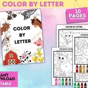 Animais da Fazenda para Colorir por Letra – Desenhos do Alfabeto para Colorir para Crianças | Atividade de Aprendizagem para Imprimir | Download Instantâneo