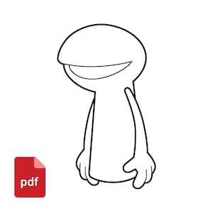 May include: A black and white line art illustration of a cartoon character with a large, rounded head, a wide mouth, and a simple body shape. The character has long arms and hands with visible fingers. A red square icon with the white text pdf is present.