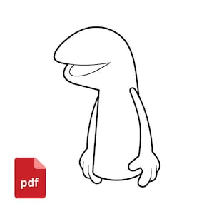 May include: A black and white line drawing of a cartoon puppet character with a rounded head, an open mouth, and two arms with hands. In the bottom left corner, there is a red rectangular icon with the white text pdf printed on it.