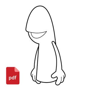 May include: A black and white line art illustration of a finger puppet character with a rounded head, a wide smiling mouth, and two arms with hands hanging at its sides. A red square icon with the white text pdf is in the bottom left corner.