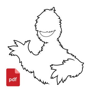 May include: A black and white line art illustration of a furry creature with a wide, smiling mouth, depicted in a waving pose. A small red square icon with the white text pdf is positioned in the lower left corner of the image.