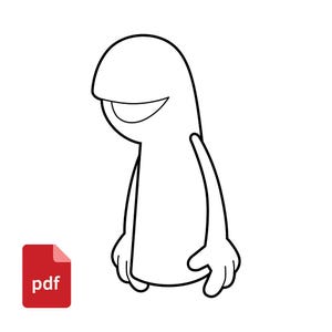 May include: A black and white line drawing of a cartoon character with a rounded head, a wide open mouth, and simple arms with hands. The character has a smooth, curved body shape and is presented in a minimalist style against a plain background.