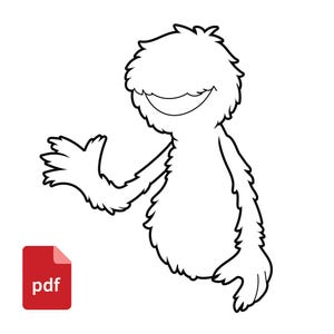 Può includere: Un'illustrazione in bianco e nero a linee di una creatura pelosa dal corpo rotondo, con una bocca larga e sorridente e una consistenza di pelliccia arruffata. La creatura saluta con il braccio destro teso. È presente un'icona rossa con il testo pdf.