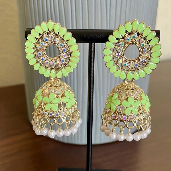 Pastel Green Gold Plated Stylish Indian Earrring with White Pearls and Stones for Women and Girls