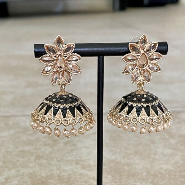 Sparkling Golden Jhumkas with Beige Stones and Pearls/ Women's Ethnic Fashion Jewelry