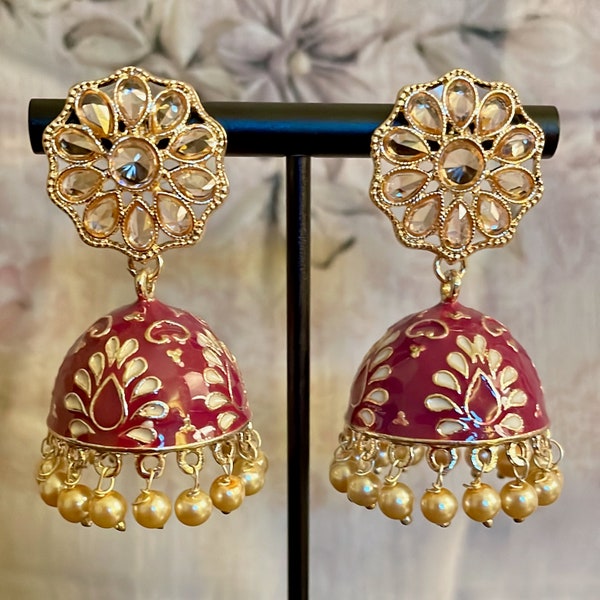 Elegant wear kundan floral enamel, Indian jhumki dangle earrings, Ethnic fashion jewelry for women