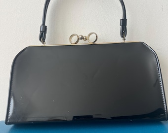 Vintage Black Patent leather top handle purse bag from 1950s 1960s Gold hardware unique clasp Closure MCM hard to find great condition purse