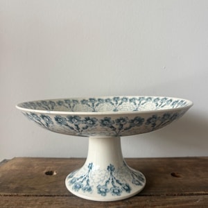 Antique Longwy White Ironstone Pedestal from France – Blue Transferware Floral Compote, French Country Farmhouse Decor 1900s French Compote