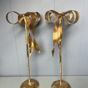 Beautiful Vintage Coquette Bow Farmhouse candle holders made in Mexico gold metal bow centerpiece cottage wedding ornate Hollywood regency