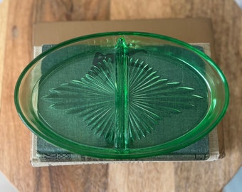 Green Uranium Vaseline Glass Atlas Oval Divided dish Candy Nuts Snacks GLOWS 1930s neon vintage key dish collectible
