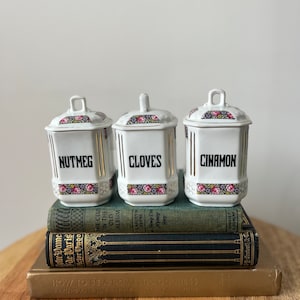 Trio of Vintage Unique Czech MZ Altrohlau Spice Jars Cloves Cinnamon and Nutmeg 1950s pink rose gold white