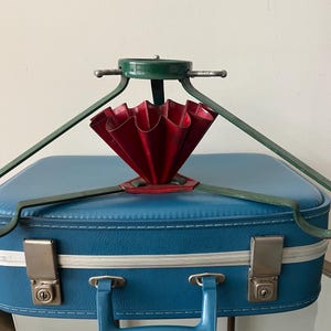 Vintage Red and Green Christmas Tree Stand / Vintage Live Christmas Tree Base / Retro Green and Red Ruffled Metal Tree Stand fluted 1950s