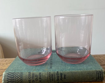 Set of two Beautiful short pink vintage drinking glasses about 4 inches tall wine glasses pink barware