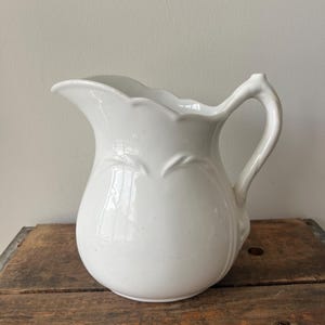 Beautiful Vintage large white  Ironstone KT and K CO pitcher made in Ohio scalloped top farmhouse or cottage core design  ironstone