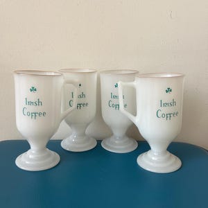 Set of four Vintage Irish Coffee mugs in milk Glass in white with green letters 1960s midcentury bar Irish whiskey Irish decor farmhouse
