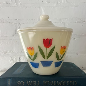 Beautiful Vintage Fire King Tulip grease jar or covered dish white with multicolored tulips lidded jar MCM kitsch primary colors