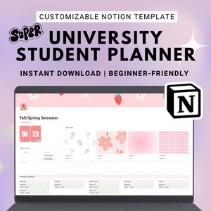 May include: A laptop screen displaying a customizable Notion template for a university student planner. The template includes a calendar, weekly schedule, and sections for courses. The template is decorated with a pink and white floral pattern and the text "SUPER UNIVERSITY STUDENT PLANNER" is displayed at the top of the screen.