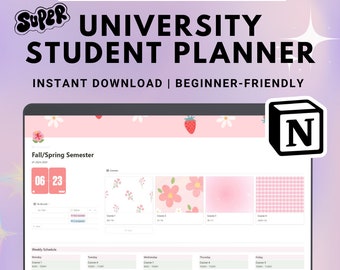 May include: A laptop screen displaying a customizable Notion template for a university student planner. The template includes a calendar, weekly schedule, and sections for courses. The template is decorated with a pink and white floral pattern and the text "SUPER UNIVERSITY STUDENT PLANNER" is displayed at the top of the screen.