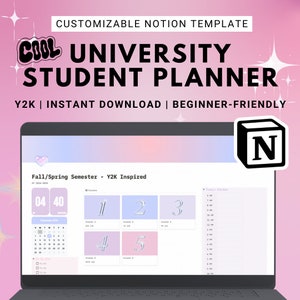 Może przedstawiać: Ekran laptopa wyświetlający konfigurowalny szablon Notion dla planera studenta uniwersyteckiego. Szablon jest inspirowany stylem Y2K i zawiera kalendarz, sekcje kursów oraz harmonogram dnia. Szablon jest oznaczony jako "Cool University Student Planner" i jest dostępny do natychmiastowego pobrania. Logo Notion znajduje się w prawym górnym rogu.