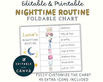 Toddler Nighttime Routine Chart, Visual Schedule for Kids, Bedtime Helper, Parenting Aid, Printable Folding Chart, Customizable, Horizontal